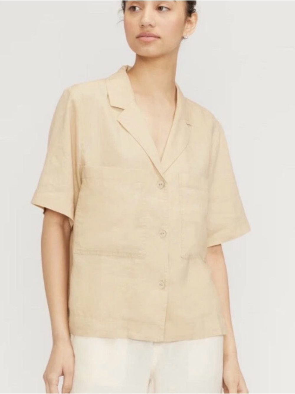 Everlane Women Tan Brown Linen Workwear Shirt Blouse Neutral Size S Short Sleeve